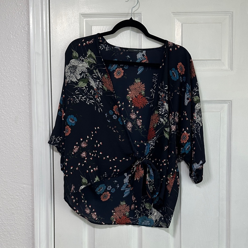 West Kei Navy Floral Tie-Front Blouse
